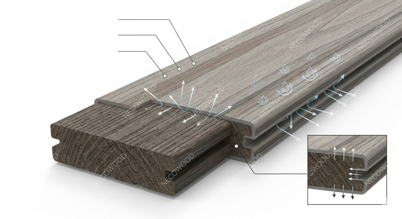 Technical diagram illustrating Necowood's 360-degree high-polymer shield co-extrusion process against freeze-thaw cracking for Canada climate