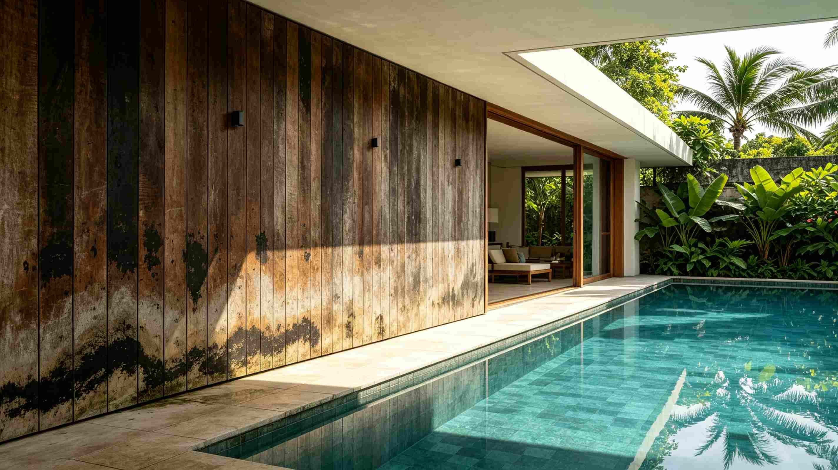 Bali hotel pool area with Necowood WPC wall panels installed